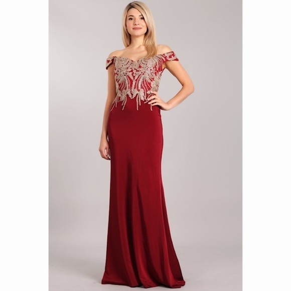 Burgundy Off The Shoulder Evening Gown 1903 - Picture 1 of 6